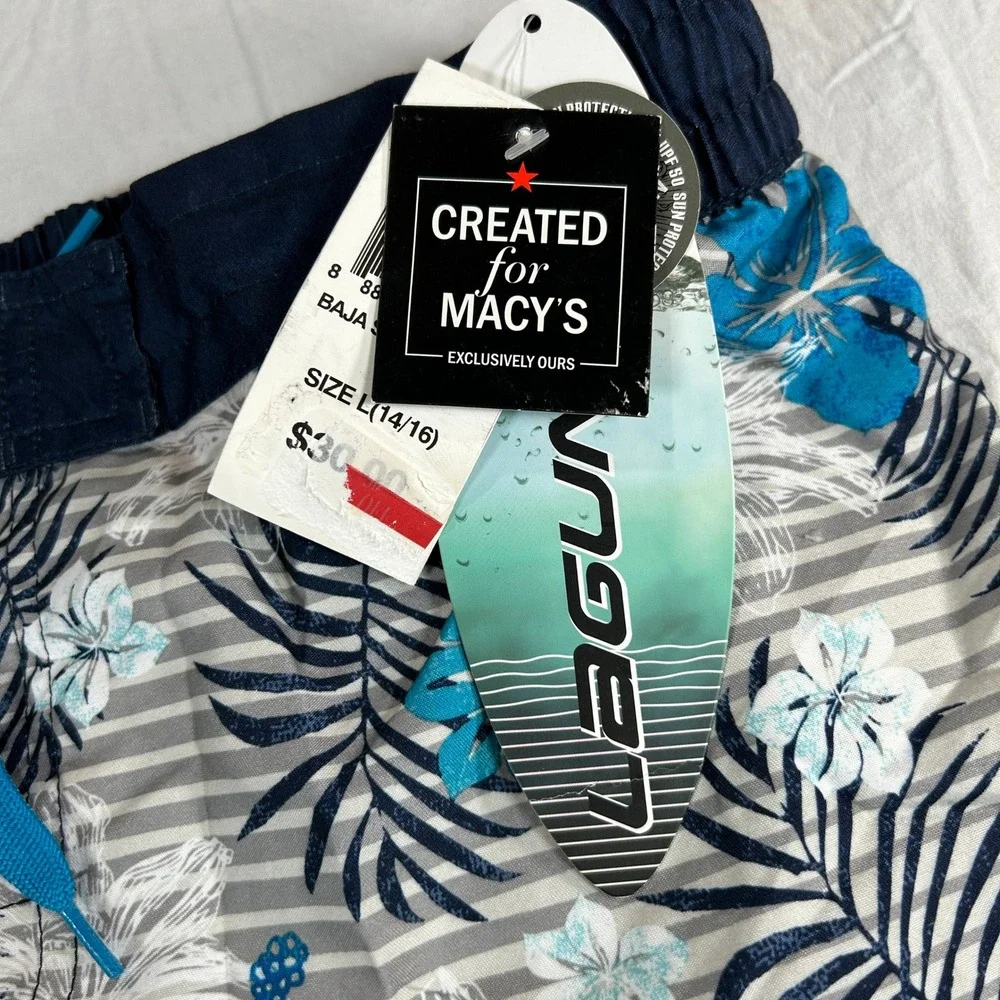 Laguna Boys XL 18/20 Blue Floral Baja Stripe Swim Trunks UPF 50 NWT